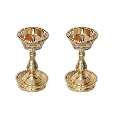 4 Inch - Set of 2 - Brass Udupi Nanda Diya, Heavy Oil Lamp with Stand for Pooja Mangal Fashions | Indian Home Decor and Craft