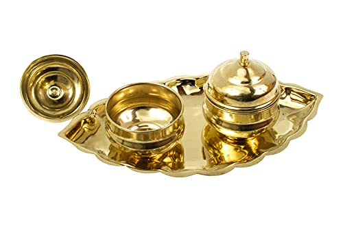 Traditional Handcrafted Brass Thali Haldi kumkum Chandhan Holder Stand Plate with Lid for Pooja | Puja Worship Oval 2 Bowl-Small Leaf