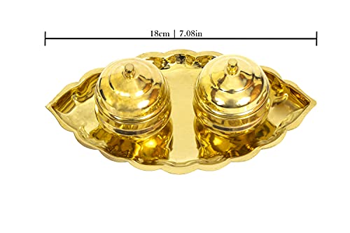 Traditional Handcrafted Brass Thali Haldi kumkum Chandhan Holder Stand Plate with Lid for Pooja | Puja Worship Oval 2 Bowl-Small Leaf