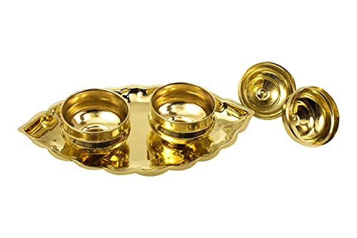 Traditional Handcrafted Brass Thali Haldi kumkum Chandhan Holder Stand Plate with Lid for Pooja | Puja Worship Oval 2 Bowl-Small Leaf