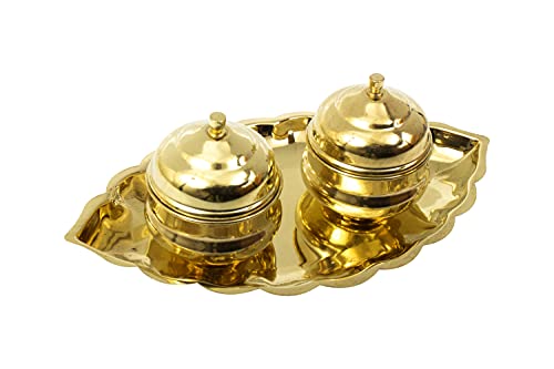 Traditional Handcrafted Brass Thali Haldi kumkum Chandhan Holder Stand Plate with Lid for Pooja | Puja Worship Oval 2 Bowl-Small Leaf