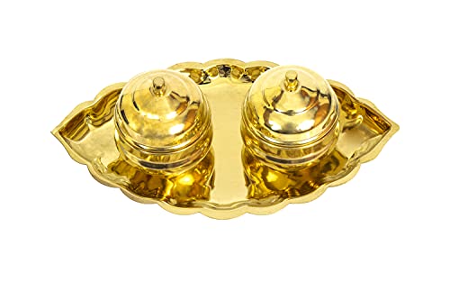 Traditional Handcrafted Brass Thali Haldi kumkum Chandhan Holder Stand Plate with Lid for Pooja | Puja Worship Oval 2 Bowl-Small Leaf