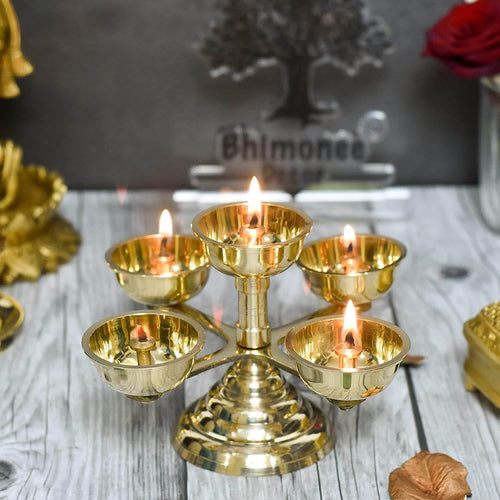 5 Faced Pure Brass Ethnic Panchadeep | Bhadradeepam | Akhand Jyothi Diya, 1.75 inches Mangal Fashions | Indian Home Decor and Craft