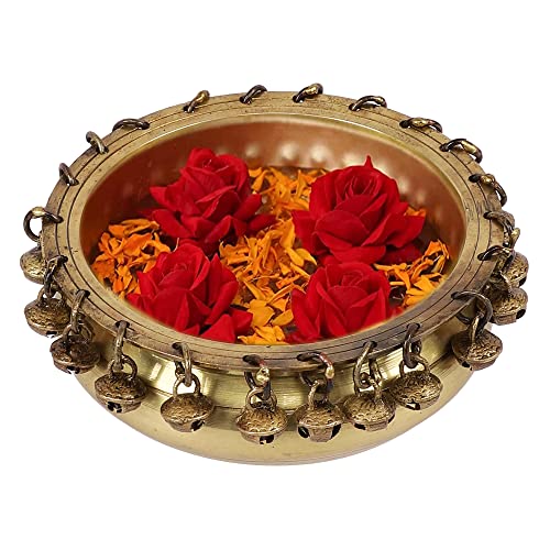5 Inch Ethnic Brass Urli Traditional Bowl with Bells Showpiece (Small) (1.1 kg) Mangal Fashions | Indian Home Decor and Craft