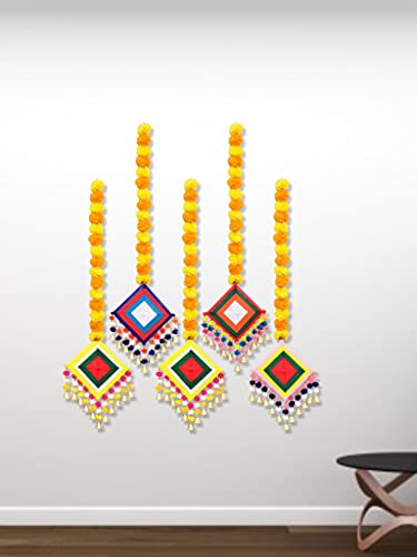 5 Pack - Approx. 44 Inch Tall Handmade Artificial Marigold Fluffy Flowers Colorful Woolen Kite Bells Hanging Mangal Fashions | Indian Home Decor and Craft