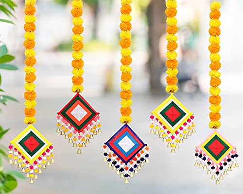 5 Pack - Approx. 44 Inch Tall Handmade Artificial Marigold Fluffy Flowers Colorful Woolen Kite Bells Hanging Mangal Fashions | Indian Home Decor and Craft