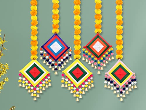 5 Pack - Approx. 44 Inch Tall Handmade Artificial Marigold Fluffy Flowers Colorful Woolen Kite Bells Hanging Mangal Fashions | Indian Home Decor and Craft