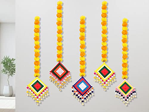 5 Pack - Approx. 44 Inch Tall Handmade Artificial Marigold Fluffy Flowers Colorful Woolen Kite Bells Hanging Mangal Fashions | Indian Home Decor and Craft