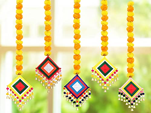 5 Pack - Approx. 44 Inch Tall Handmade Artificial Marigold Fluffy Flowers Colorful Woolen Kite Bells Hanging Mangal Fashions | Indian Home Decor and Craft