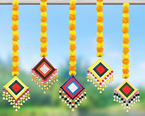 5 Pack - Approx. 44 Inch Tall Handmade Artificial Marigold Fluffy Flowers Colorful Woolen Kite Bells Hanging Mangal Fashions | Indian Home Decor and Craft