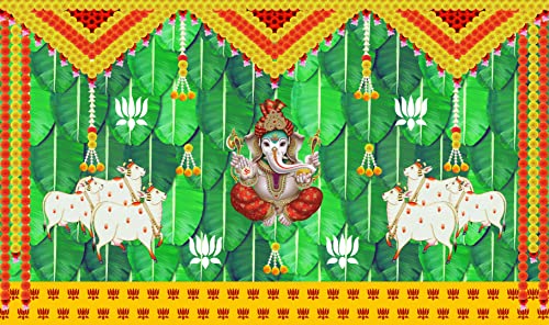 5 x 8 Ft - Banana Leaf, Marigold, Cow and Ganesh Ji - Traditional Backdrop Curtain for Pooja / Festival (Taiwan Polyester Fabric) (Washable) Mangal Fashions | Indian Home Decor and Craft