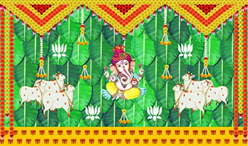5 x 8 Ft - Banana Leaf, Marigold, Lotus with Cows and Ganesh ji - Traditional Backdrop Curtain for Pooja / Festival (Taiwan Polyester Fabric) (Washable) Mangal Fashions | Indian Home Decor and Craft