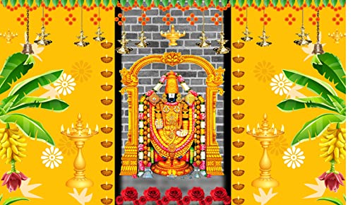 5 x 8 Ft - Banana Leaf and Diya with Balaji Venkateshwara - Traditional Backdrop Curtain for Pooja / Festival (Taiwan Polyester Fabric) (Washable) Mangal Fashions | Indian Home Decor and Craft