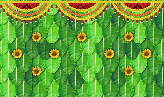 5 x 8 Ft - Banana Leaf with Marigold Flower Decoration Design - Traditional Backdrop Curtain for Pooja / Festival (Taiwan Polyester Fabric) (Washable) Mangal Fashions | Indian Home Decor and Craft