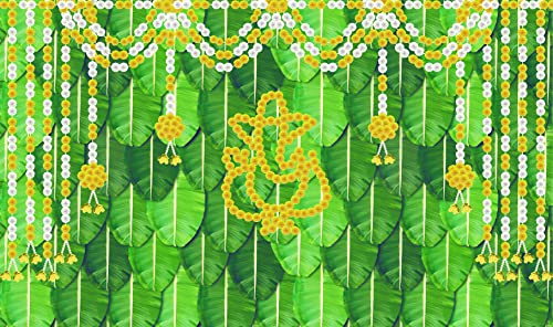 5 x 8 Ft - Banana Leaf with Marigold Flowers Ganesh Ji - Traditional Backdrop Curtain for Pooja / Festival (Taiwan Polyester Fabric) (Washable) Mangal Fashions | Indian Home Decor and Craft