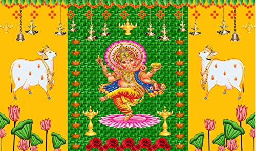 5 x 8 Ft - Coconut Leaf, Diyas with Cows and Ganesh ji - Traditional Backdrop Curtain for Pooja / Festival (Taiwan Polyester Fabric) (Washable) Mangal Fashions | Indian Home Decor and Craft