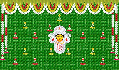 5 x 8 Ft - Coconut Leaf with Garland Durga Mata ji Traditional Backdrop Curtain for Pooja / Festival (Taiwan Polyester Fabric) (Washable) Mangal Fashions | Indian Home Decor and Craft