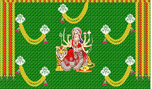 5 x 8 Ft - Coconut Leaf with Garland Durga Mata ji - Traditional Backdrop Curtain for Pooja / Festival (Taiwan Polyester Fabric) (Washable) Mangal Fashions | Indian Home Decor and Craft
