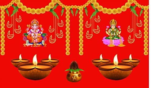 5 x 8 Ft - Ganesh Ji with Goddess Lakshmi Mata Diya Lamp - Traditional Backdrop Curtain for Pooja / Festival (Taiwan Polyester Fabric) (Washable) Mangal Fashions | Indian Home Decor and Craft