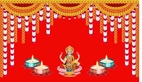 5 x 8 Ft - Goddess Lakshmi Mata With Diya Lamp - Traditional Backdrop Curtain for Pooja / Festival (Taiwan Polyester Fabric) (Washable) Mangal Fashions | Indian Home Decor and Craft