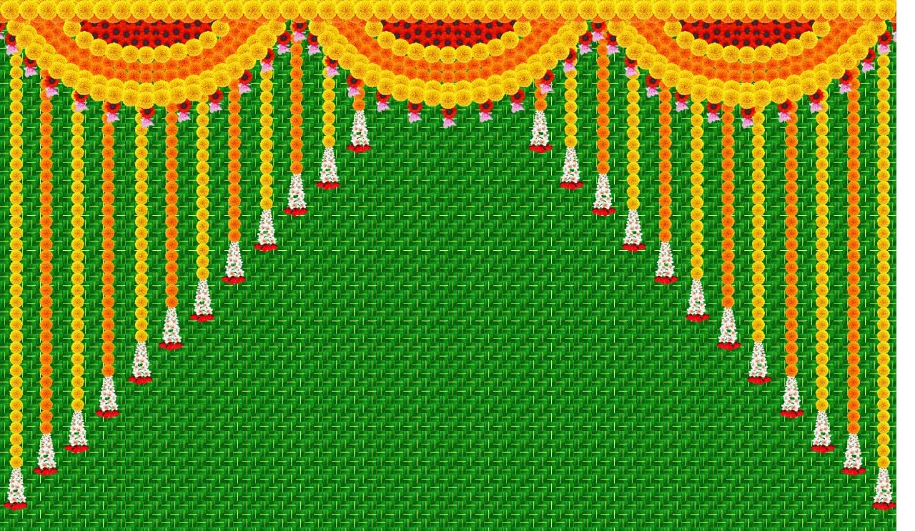 5 x 8 Ft - Hanging Marigold Flower and Weaved Coconut Leaf (Kobbari Aaku) Design Traditional Backdrop Curtain for Pooja / Festival (Taiwan Polyester Fabric) (Washable) Mangal Fashions | Indian Home Decor and Craft