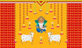 5 x 8 Ft - Marigold Flower with Bells, Cows and Ganesh ji - Traditional Backdrop Curtain for Pooja / Festival (Taiwan Polyester Fabric) (Washable) Mangal Fashions | Indian Home Decor and Craft