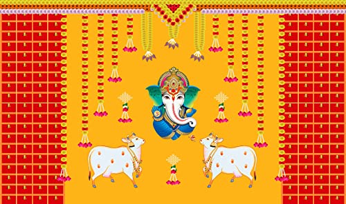 5 x 8 Ft - Marigold Flower with Bells, Cows and Ganesh ji - Traditional Backdrop Curtain for Pooja / Festival (Taiwan Polyester Fabric) (Washable) Mangal Fashions | Indian Home Decor and Craft