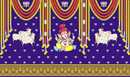 5 x 8 Ft - Marigold, Lotus with Cows and Ganesh Ji Traditional Backdrop Curtain for Pooja / Festival (Taiwan Polyester Fabric) (Washable) Mangal Fashions | Indian Home Decor and Craft