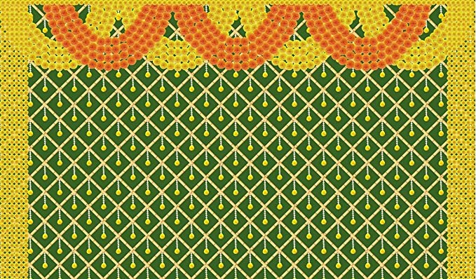 5 x 8 Ft - Marigold Yellow and Red flower With Bamboo Zigzag Design - Traditional Backdrop Curtain for Pooja / Festival (Taiwan Polyester Fabric) (Washable) Mangal Fashions | Indian Home Decor and Craft