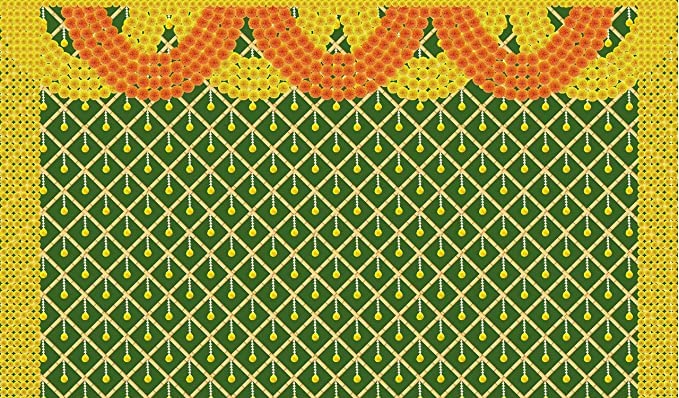 5 x 8 Ft - Marigold Yellow and Red flower With Bamboo Zigzag Design - Traditional Backdrop Curtain for Pooja / Festival (Taiwan Polyester Fabric) (Washable) Mangal Fashions | Indian Home Decor and Craft