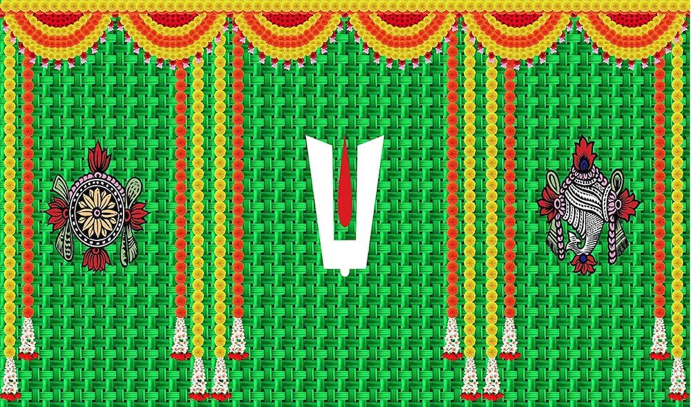 5 x 8 Ft - Thirunaamam Shanku Chakra Namam Lord Vishnu Balaji - Traditional Backdrop Curtain for Pooja / Festival (Taiwan Polyester Fabric) (Washable) Mangal Fashions | Indian Home Decor and Craft