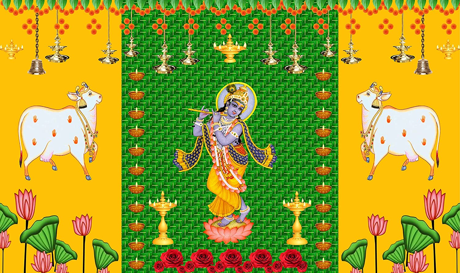5 x 8 Ft - Two Cow and Green Chatiya with Shree Krishna Backdrop Curtain for Pooja / Festival (Taiwan Polyester Fabric) (Washable) Mangal Fashions | Indian Home Decor and Craft