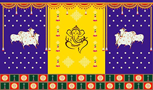 5 x 8 Ft - Two Cow with Ganesh Ji - Traditional Backdrop Curtain for Pooja / Festival (Taiwan Polyester Fabric) (Washable) Mangal Fashions | Indian Home Decor and Craft