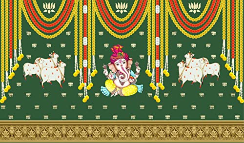 5 x 8 Ft - Two Cow with Ganesh Ji Traditional Backdrop (Dark Green) Curtain for Pooja / Festival (Taiwan Polyester Fabric) (Washable) Mangal Fashions | Indian Home Decor and Craft