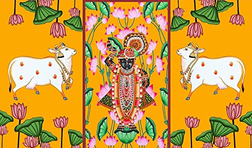 5 x 8 Ft - Two Cow with Srinath ji - Traditional Backdrop Curtain for Pooja / Festival (Taiwan Polyester Fabric) (Washable) Mangal Fashions | Indian Home Decor and Craft