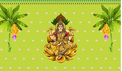 5 x 8 Ft - Varamahalakshmi Devi in Golden Lotus - Traditional Green Backdrop Curtain for Pooja / Festival (Taiwan Polyester Fabric) (Washable) Mangal Fashions | Indian Home Decor and Craft