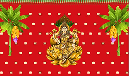 5 x 8 Ft - Varamahalakshmi Devi in Golden Lotus - Traditional Red Backdrop Curtain for Pooja / Festival (Taiwan Polyester Fabric) (Washable) Mangal Fashions | Indian Home Decor and Craft