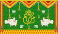 5 x 8 Ft - Weaved Coconut Leaf, Marigold, Cow and Ganesh Ji - Traditional Backdrop Curtain for Pooja / Festival (Taiwan Polyester Fabric) (Washable) Mangal Fashions | Indian Home Decor and Craft