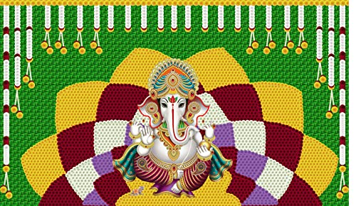 5 x 8 Ft - Weaved Coconut Leaf with Colorful Garlands Ganesh Ji - Traditional Backdrop Curtain for Pooja / Festival (Taiwan Polyester Fabric) (Washable) Mangal Fashions | Indian Home Decor and Craft