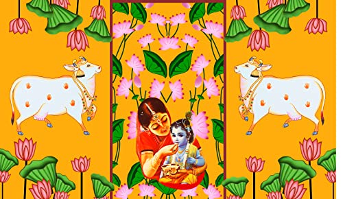 5 x 8 Ft - Yashoda Maata with Lord Krishna - Traditional Backdrop Curtain for Pooja / Festival (Taiwan Polyester Fabric) (Washable) Mangal Fashions | Indian Home Decor and Craft