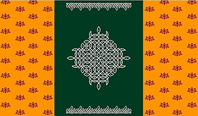 5 x 8 Ft - Yellow Red Lotus with Green Kolam (Muggu) Design - Traditional Backdrop Curtain for Pooja / Festival (Taiwan Polyester Fabric) (Washable)