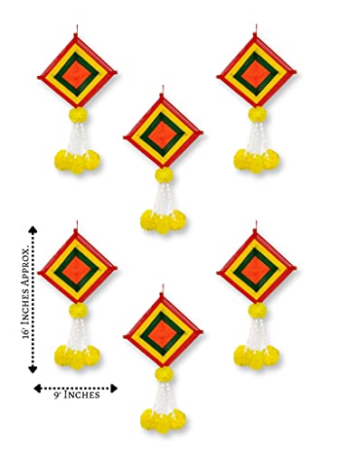 6 Pack - 16x9 Inch Handmade Artificial Marigold Fluffy Flowers Colorful Woolen Kite Hangings Mangal Fashions | Indian Home Decor and Craft