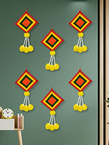 6 Pack - 16x9 Inch Handmade Artificial Marigold Fluffy Flowers Colorful Woolen Kite Hangings Mangal Fashions | Indian Home Decor and Craft