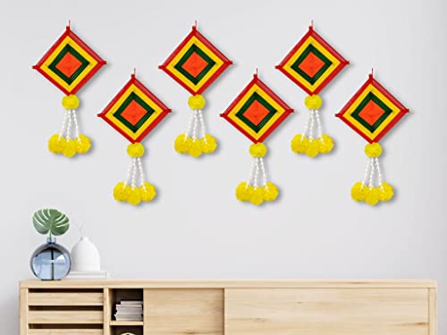 6 Pack - 16x9 Inch Handmade Artificial Marigold Fluffy Flowers Colorful Woolen Kite Hangings Mangal Fashions | Indian Home Decor and Craft