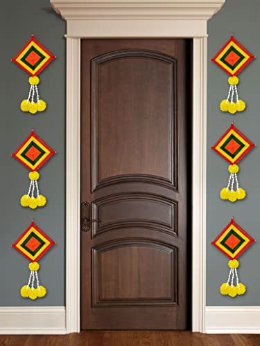 6 Pack - 16x9 Inch Handmade Artificial Marigold Fluffy Flowers Colorful Woolen Kite Hangings Mangal Fashions | Indian Home Decor and Craft