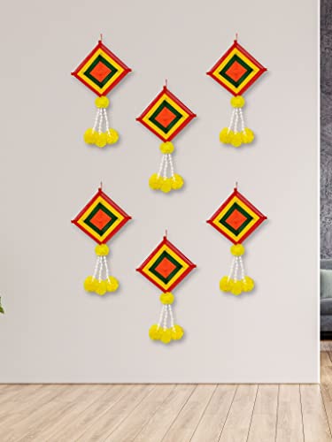 6 Pack - 16x9 Inch Handmade Artificial Marigold Fluffy Flowers Colorful Woolen Kite Hangings Mangal Fashions | Indian Home Decor and Craft