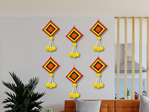 6 Pack - 16x9 Inch Handmade Artificial Marigold Fluffy Flowers Colorful Woolen Kite Hangings Mangal Fashions | Indian Home Decor and Craft