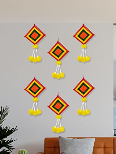 6 Pack - 16x9 Inch Handmade Artificial Marigold Fluffy Flowers Colorful Woolen Kite Hangings Mangal Fashions | Indian Home Decor and Craft