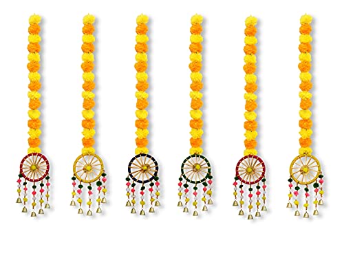6 Pack - Approx 38 Inches - Handmade Artificial Marigold Fluffy Flowers Colorful Ring Pom Pom Hanging Mangal Fashions | Indian Home Decor and Craft