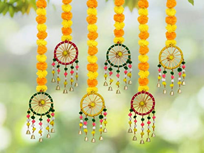 6 Pack - Approx 38 Inches - Handmade Artificial Marigold Fluffy Flowers Colorful Ring Pom Pom Hanging Mangal Fashions | Indian Home Decor and Craft